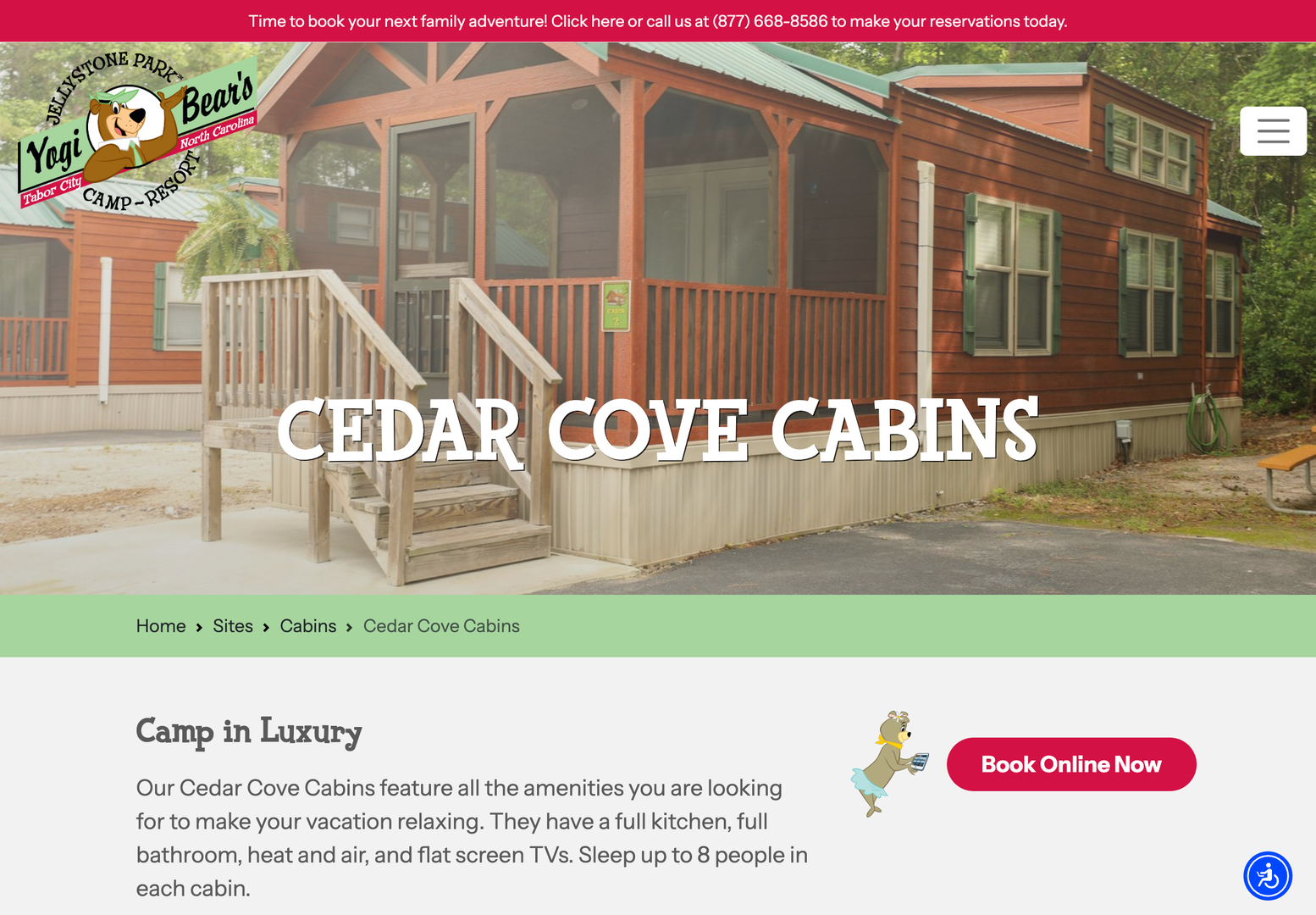 Jellystone Family Campground Custom Website Cabin Listing